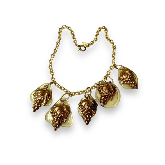 Artisan Gay Isber Statement Necklace Gold Grape Charms Resin Mixed Media 19” - Picture 10 of 11